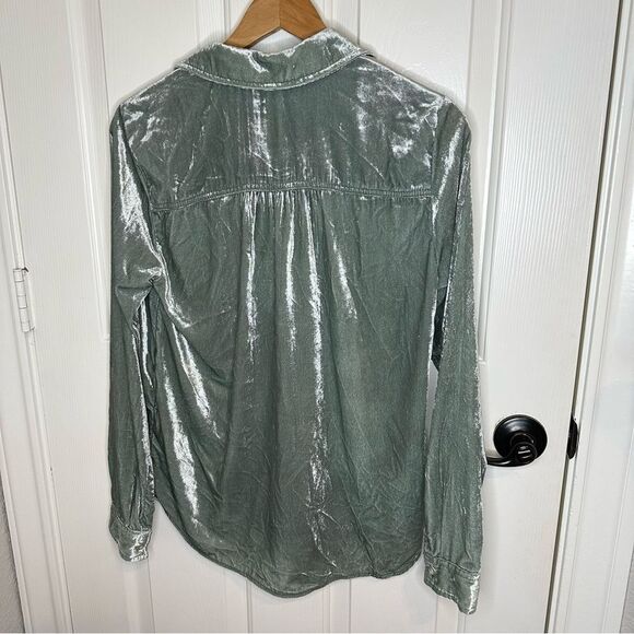 Maeve By Anthropologie Sage Green Crushed Velvet Button Down Sz 4 Boho Preppy - Picture 4 of 8
